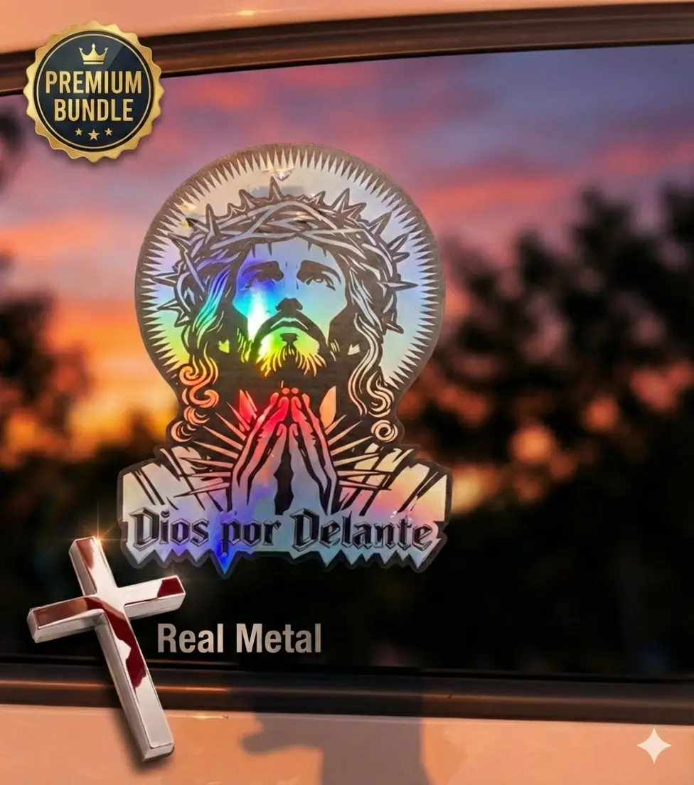 9.84in Dios Por Delante Holographic Praying Christ Car Decal Set - Cowboy Scene, Metal Cross Emblem, Adhesive Vinyl Decal, Vinyl PVC, UV-Scratch Resistant, Christian Faith Gift, Vehicle Exterior Decoration, Sticker for Cars, Hologram Stickers
