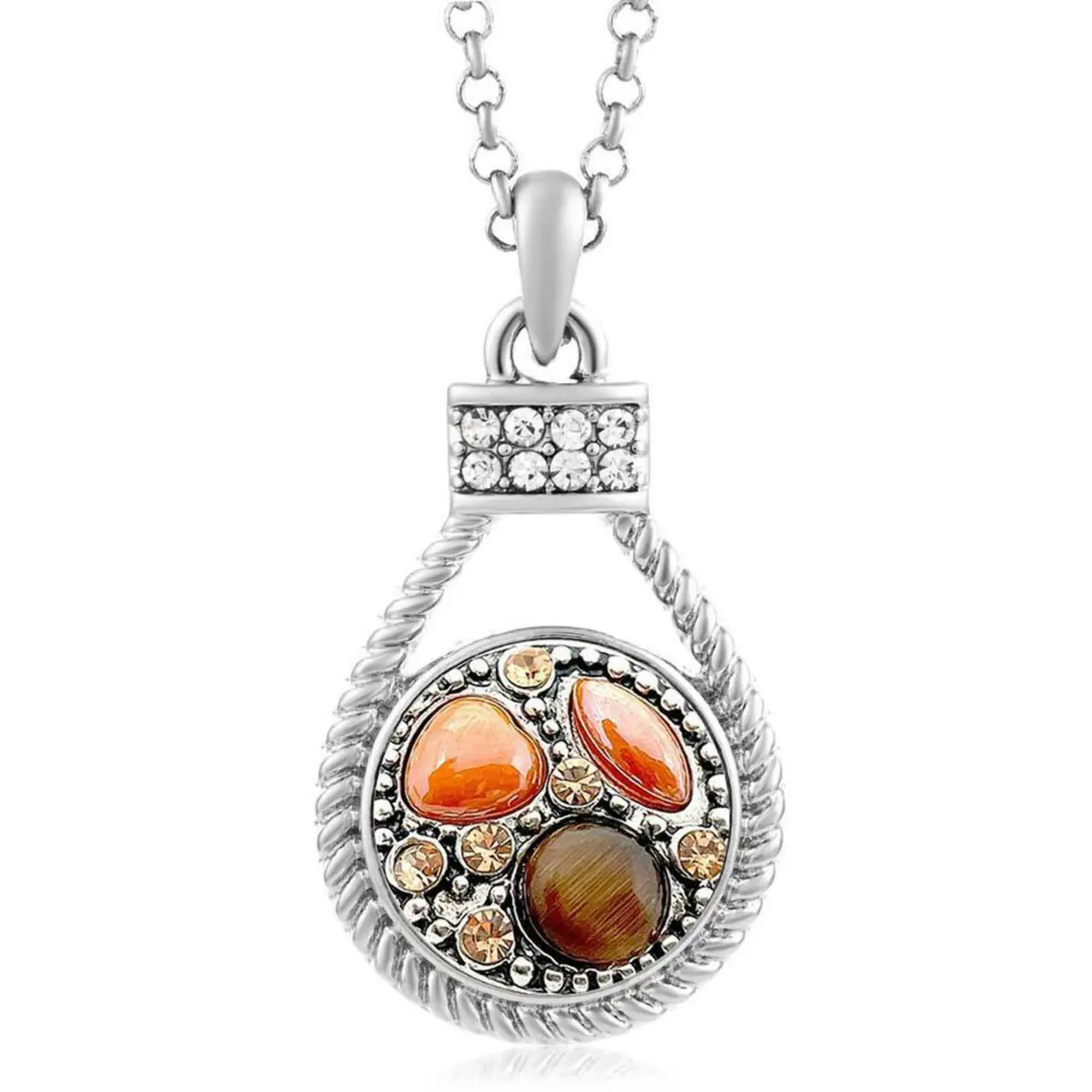 Snap Set - Silver Rhinestone Necklace, 1 Brown Snap (#01), 20-inch (Adjustable) Snap Jewelry, Fits 18MM Snap Charm Buttons