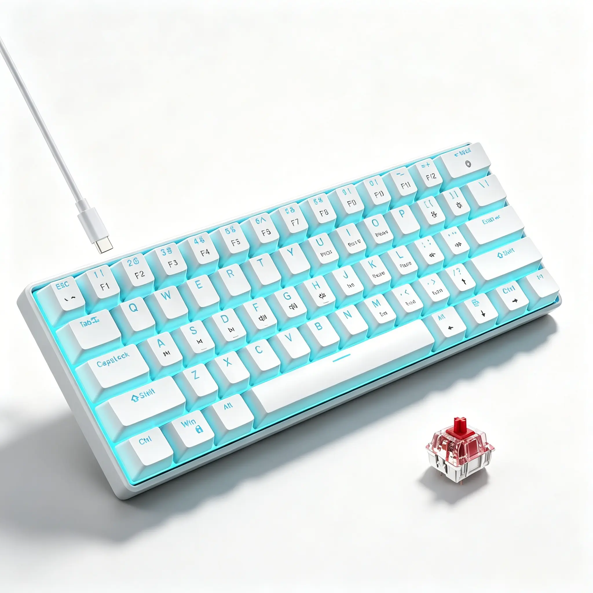 61 Keys Mini Wired Gaming Keyboard, White Portable 60% Mechanical Keyboard, Ice Blue LED rgb Backlit Red Switch Keyboard, Ergonomic Creamy Typing Keyboard Accessory for Mac PC Windows Laptop Office Gaming compact
