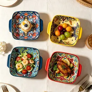 Bohemian Style 4-Piece Dish Set, Rectangular Dual Handle Bowls, Ceramic Fruit Bowl, Suitable for Salad, Snacks, Baking, Oven & Microwave Safe