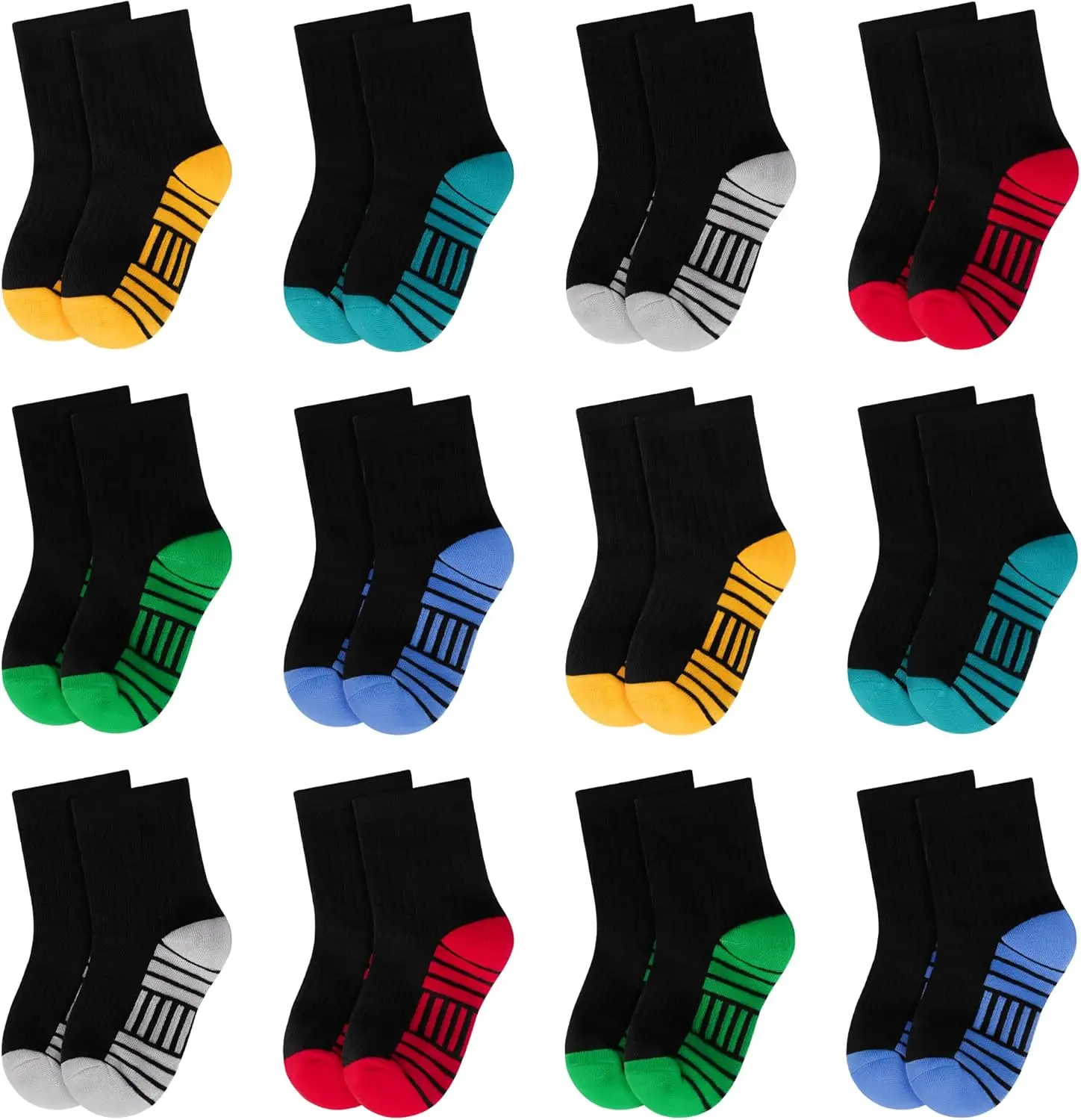 12 Pairs Boys' Crew Socks, Breathable Cotton Athletic Sports Socks for Kids & Toddlers with Arch Support and Reinforced Heel, Sporty Sports Socks