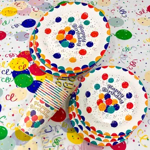 30-Piece Colorful Balloon Party Supplies Set, Includes Plates & Cups for Wedding Birthday Parties, Disposable Tableware for 10 Guests, Disposable Dinnerware
