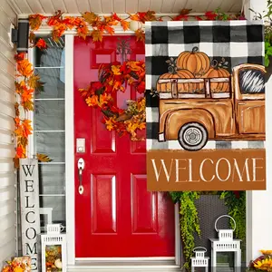 Autumn Garden Flag, Farmhouse Pumpkin Truck Buffalo Plaid Double-Sided Outdoor Decoration, Thanksgiving Seasonal Welcome Gift