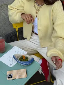 Women's Butter Yellow Ribbed Cardigan, Soft Crew Neck Button Down Sweater, Casual Fitted Long Sleeve Knit Top for Spring & Fall, Cute Preppy Knitwear, Womenswear, Knitting