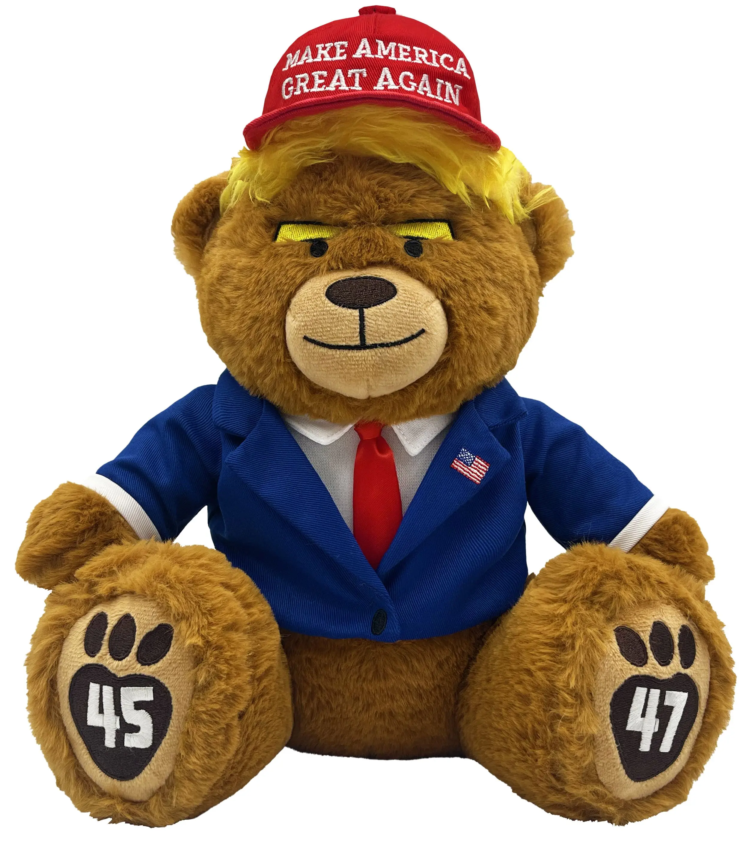 Classic MAGA Bear Stuffed Toy - 12 Inches Tall, Limited Edition Collectible, Bright Red Tie, American Flag Accent, Premium Materials - Ideal Gift for Proud Patriots Supporting America's 45th & 47th Presidents