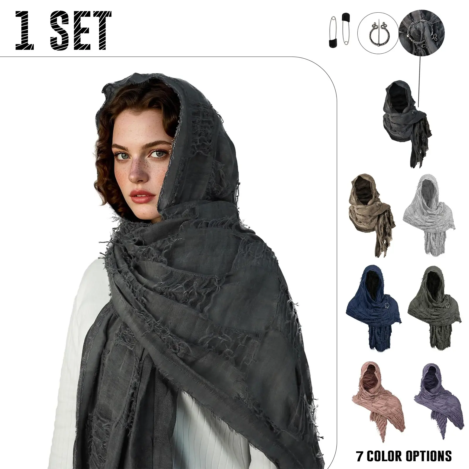 Vintage Hooded Design Decorative Scarf Cape Set with Elegant Brooch, Dune Waste Land Apocalypse Theme Fashion Neck Shawl, Medieval Influence Renaissance Neck Wrap, Unisex Fit Halloween Larp Costume Props, 2 Colors Available