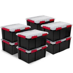 Sterilite 20 Gal Gasket Box, Stackable Storage Container with Lid, Black, 8 Pack