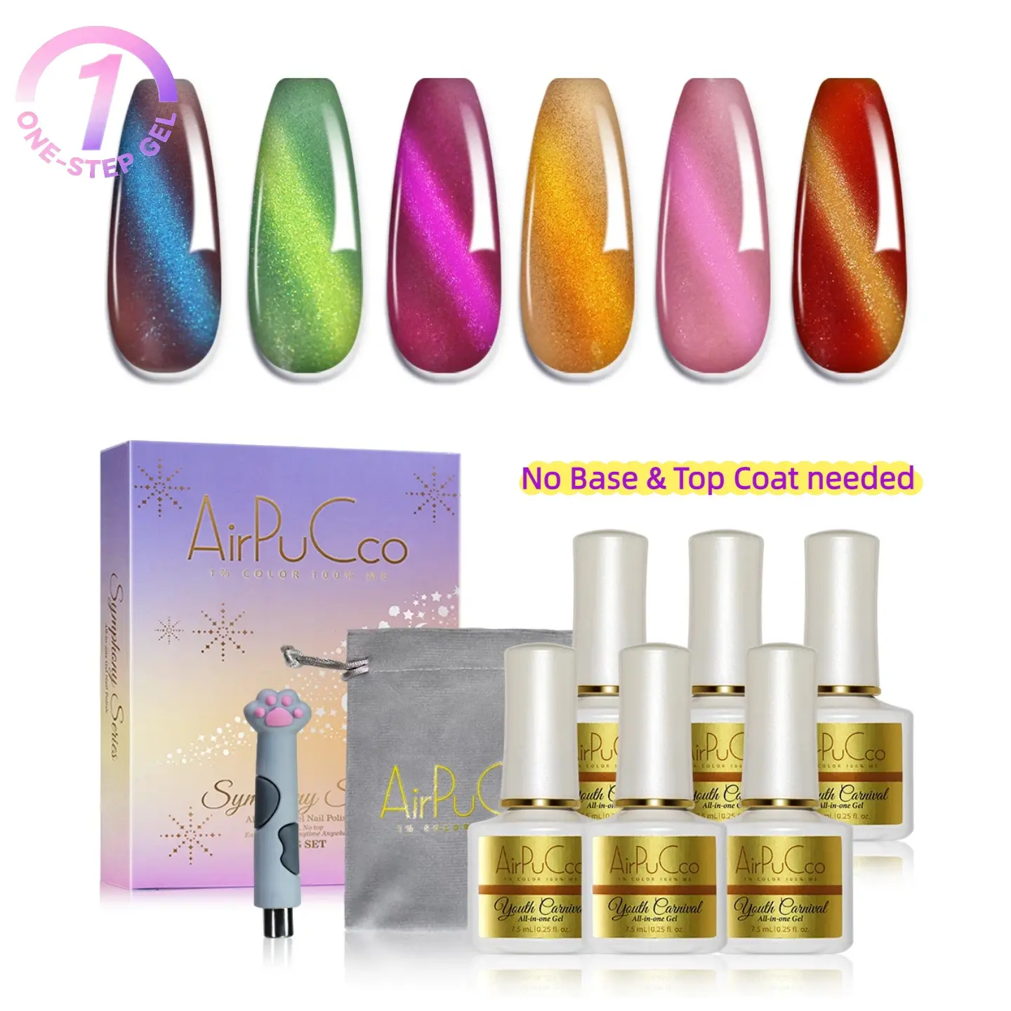 Airpucco One-Step Gel Nail Salon Polish 6Pcs Set, Ultra-Portable Compact Design, Soak Off UV Light Cure Nude Gel Polish Kit for Salon & DIY Nail Art at Home