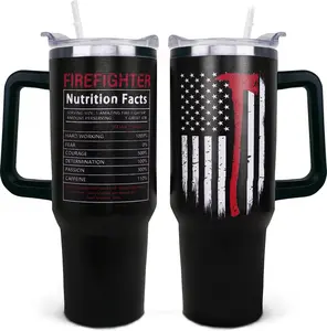 Firefighter Gifts for Men, Father's Day Gift Ideas, 40 oz Firefighter Tumbler with Handle and Straw, Reusable Stainless Steel Coffee Mug with Leak Proof, Fireman Gifts for Men
