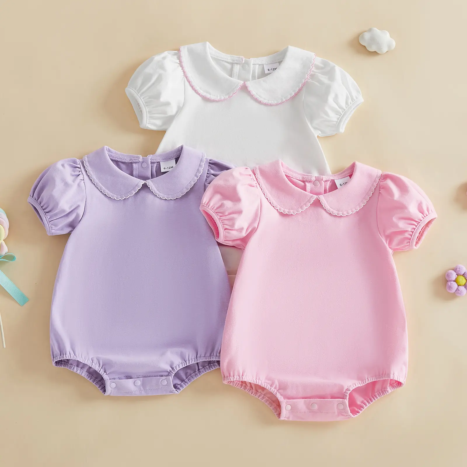 Infant Baby Girls Summer Romper Solid Color Short Sleeve Doll Collar Bubble Jumpsuit Streetwear 0-18 Months