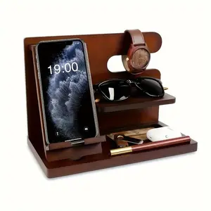 Wooden Mobile Phone Holder DesktopStorage Rack Multifunction Shelf. Wallet Key Phone Watch Earbud Holder, Multi-Functional Smartphone Mount for Daily Use,Desktop or Nightstand Organizer -Christmas Birthday Gifts for Men, Dad - Multipurpose Phone Holder