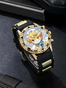 Ghost Slayer Trendy Gold Sporty Watch, Student Analog Quartz Watch, Perfect Gift for Daily Parties, Back-To-School, Anime Cosplay