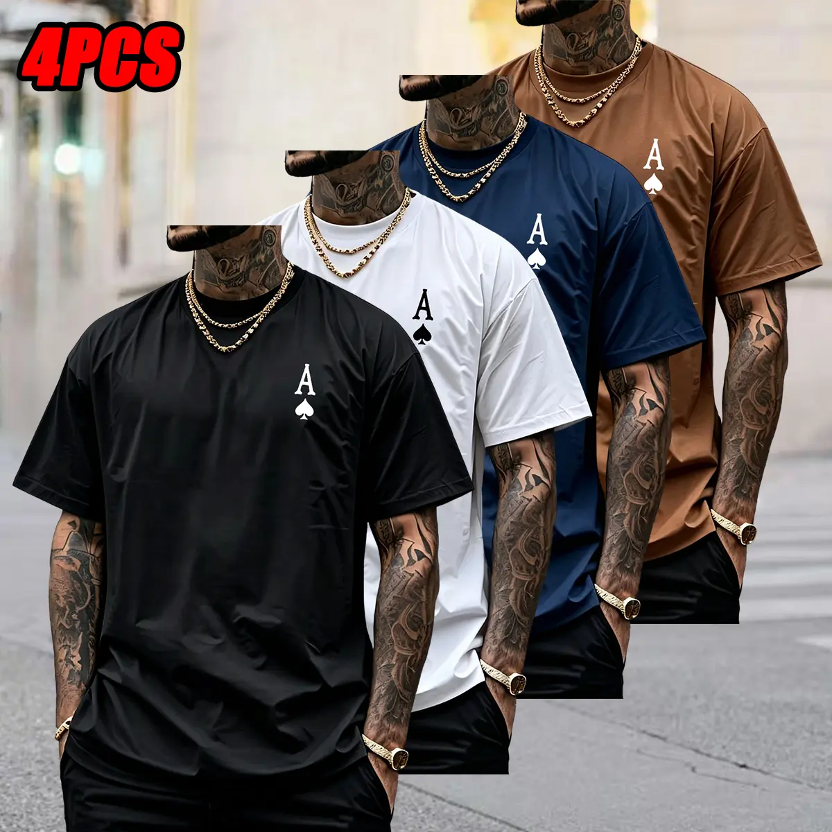 Men's 4-Piece Casual T-Shirt Set with Minimalist Letter Print, Loose Fit Short Sleeve Breathable Streetwear Tops, Tshirt, Shortsleeve