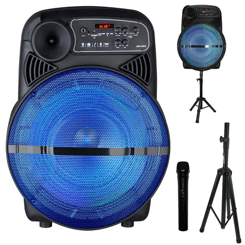15-Inch Bluetooth 5.3 Party Box Speaker (ABX-1550S) - Portable Sound System with 15-In Subwoofer, 1.5-In Tweeter, Wavesync Heavy Bass, 40Hz-20kHz Frequency Response, LED Lights, Stand, Microphone, Adapter, Auxiliary Input, FM+BT+Aux for Events, Karaoke