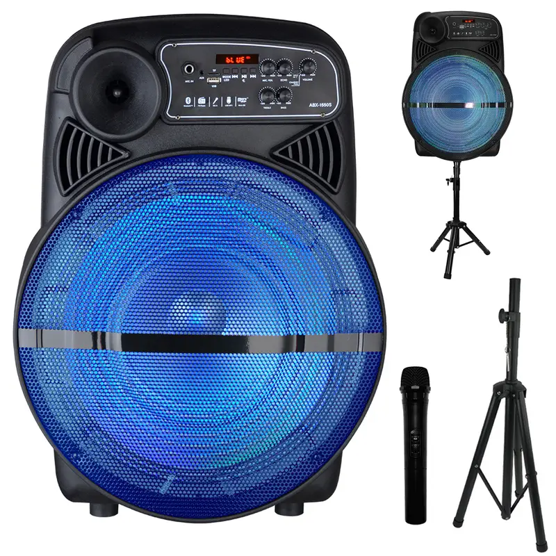 15-Inch Bluetooth 5.3 Party Box Speaker (ABX-1550S) - Portable Sound System with 15-In Subwoofer, 1.5-In Tweeter, Wavesync Heavy Bass, 40Hz-20kHz Frequency Response, LED Lights, Stand, Microphone, Adapter, Auxiliary Input, FM+BT+Aux for Events, Karaoke