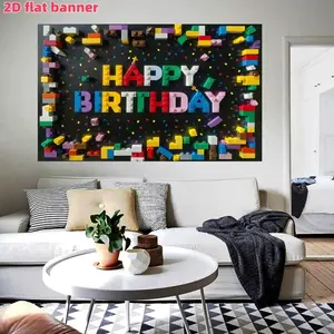 Colorful Building Blocks Birthday Banner -2D Flat Polyester Party Background Decoration with Balloon and Snowflake Design, Suitable for Living Room, Bedroom, Office, Birthday, Anniversary and Home Decoration, Outdoor and Indoor Parties