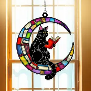 Cat Reading Book On The Moon Suncatcher Window Hanging Ornament, Suncatcher Ornament Gift, Cool Suncather Windows, Custom Shape Suncatcher