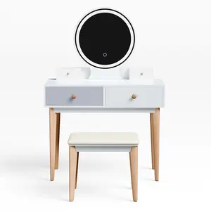 Vanity Desk With Led Mirror, Makeup Vanity Table With Stool, 2 Drawers Vanity Set With Touch Control Mirror For Bedroom