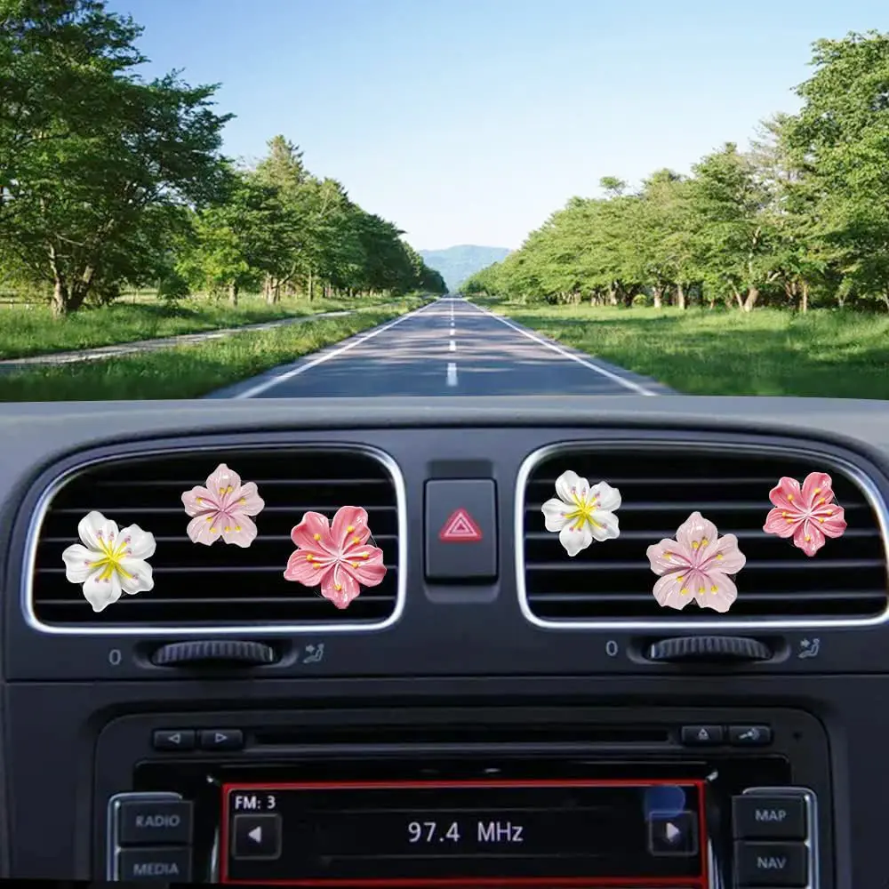 6Pcs Cute Car Air Freshener Vent Clips Flower Air Vent Clips for Fresheners Pink Hawaiian Hibiscus and Cherry Blossom Car Accessories Aesthetic Interior Decor for Women Peach Blossom, Universal Aesthetic Interior,No Fragrance Included