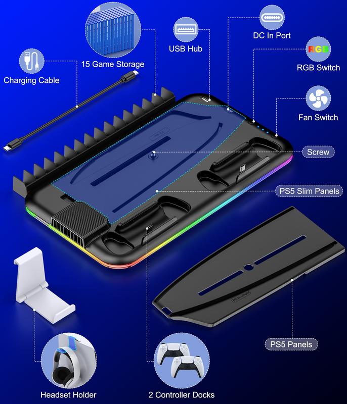 PS5 Slim Stand and Turbo Cooling Station with Controller Charging Station for Playsation 5, PS5 Accessories Kits Incl. 3 Levels Cooling Fan, LED LIGHT , 15 Game Slot, Headset Holder for PS5 Digital/Disc