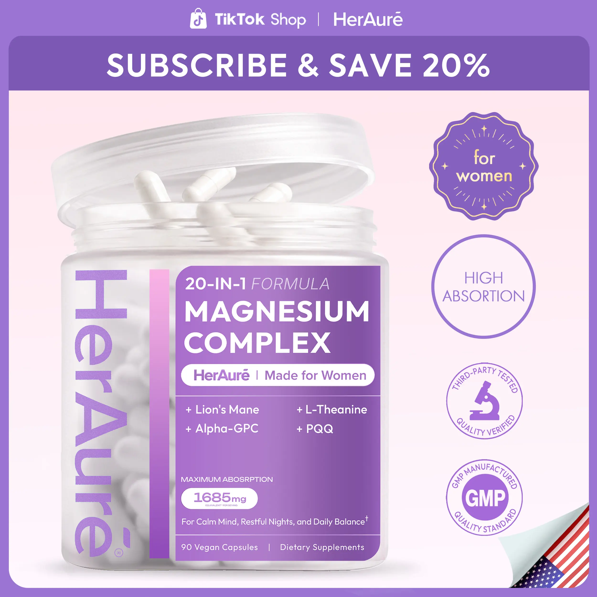 HerAuré 20-in-1 Magnesium Complex 1685mg - Brain Fog Relief, Reduce Overthinking & Calm Mind, Stress Relief & Sleep Comfort, Digestion, Muscle & Energy Support, 12 Forms of Magnesium, B6, Zinc & Slippery Elm, beach essentials, Deals For You Days，G