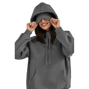 Attraco Women's Airplane Model Travel Hoodie Eye Mask Built in Long Sleeve Oversized Sweatshirt Fleece Hooded with Kangaroo Pocket  Gray M
