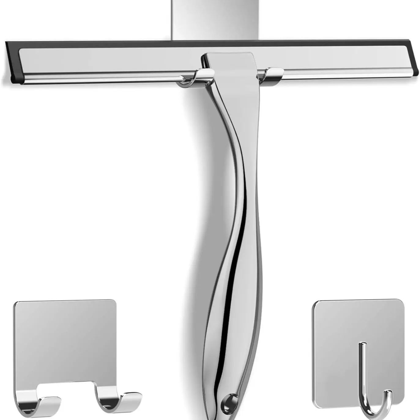 Stainless Steel Shower Squeegee for Glass Doors, 2 Adhesive Hooks, Ideal for Bathroom & Home Use, Household Cleaning Tool, Efficient Cleaning Tool for Tiles & Cars