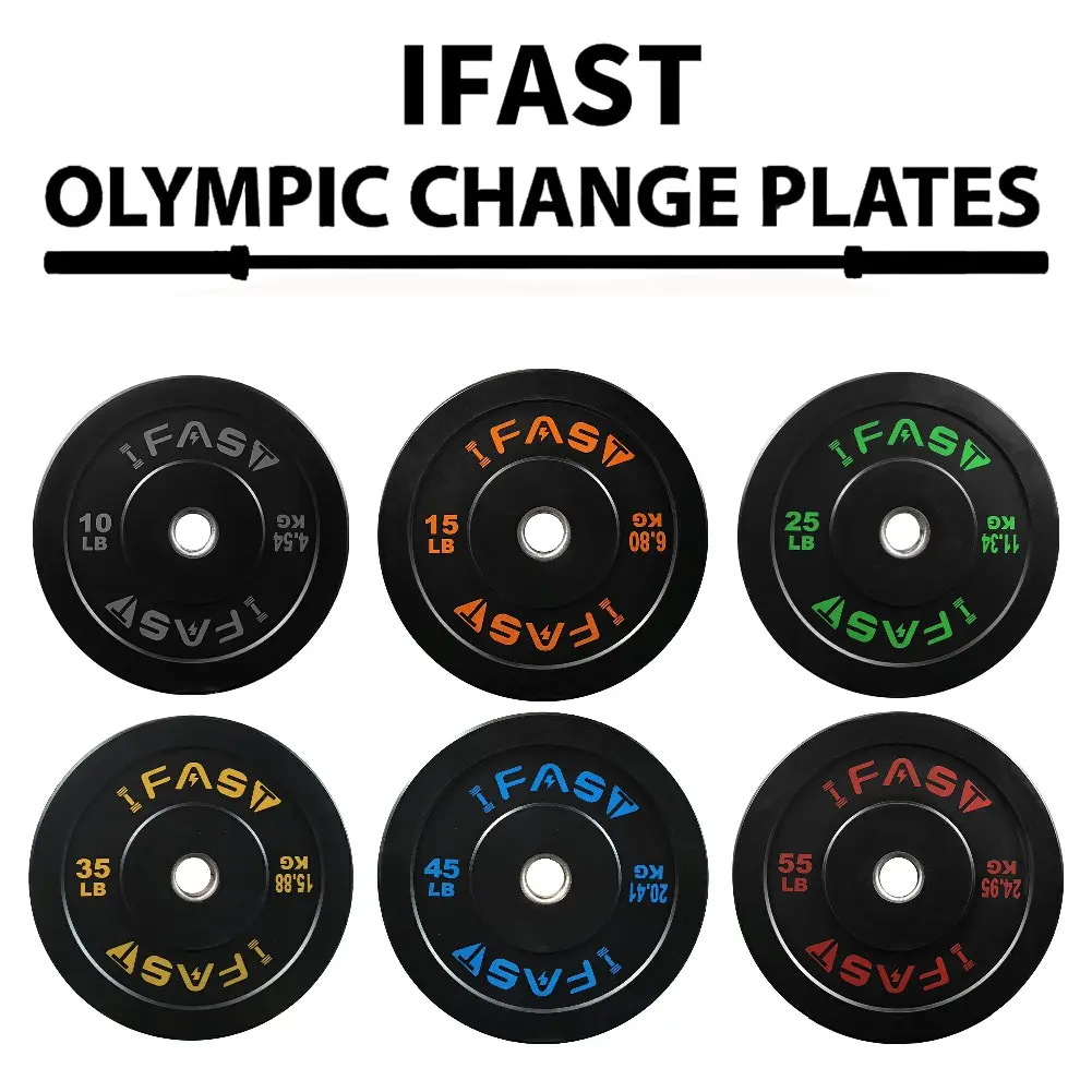 IFAST Olympic Bumper Plates, 45 lb Color-Coded Rubber Weight Plate with 2-Inch Steel Hub - Ultra Quiet for Home Gym, Strength Training & Cross Fit, Increase Balance, Quiet Drop, Muscle, Exercise, Endurance, 45Lb, High-Density, 10-55Lbs, Ultra Quiet Design