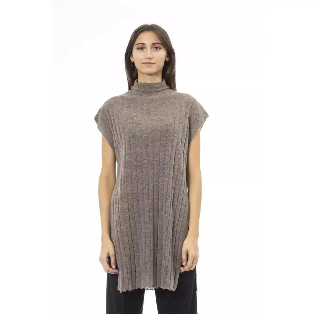 Brown Wool Women Sweater with Side Slits