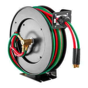 VEVOR Retractable Welding Hose Reel, 1/4-Inch x 50FT Twin Oxygen Acetylene Rubber Hose Max 300PSI - T/R Grade, Ceiling/Wall Mount Heavy Duty Steel Hose Reel Auto-Rewind, Ideal for Workshops Garages