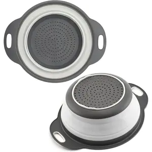 White Round Silicone Collapsible Colander Silicone Round Kitchen Strainers with Plastic Handles Small Foldable Kitchen Strainer Perfect for Draining Pasta Vegetable and Fruit