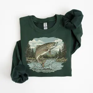Trout Fishing Graphic Sweatshirt Jumping Fish River Scene Angler Gift Outdoor Nature Fishing Lover Unisex Crewneck Pullover