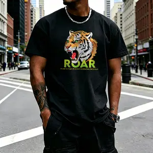 Men’s “Roar Angry Tiger Head” graphic T-shirt with green letter slogan print, crew neck, short sleeves, vintage animal streetwear casual summer top, cool wild tiger print shirts for men, urban street daily outfit
