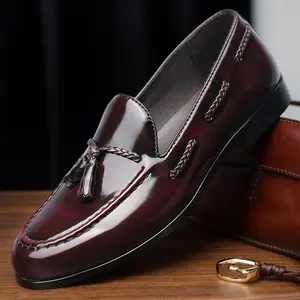 Men's Burgundy Patent Leather Tassel Loafers, Hand-Braided Slip-On Formal Dress Shoes82689