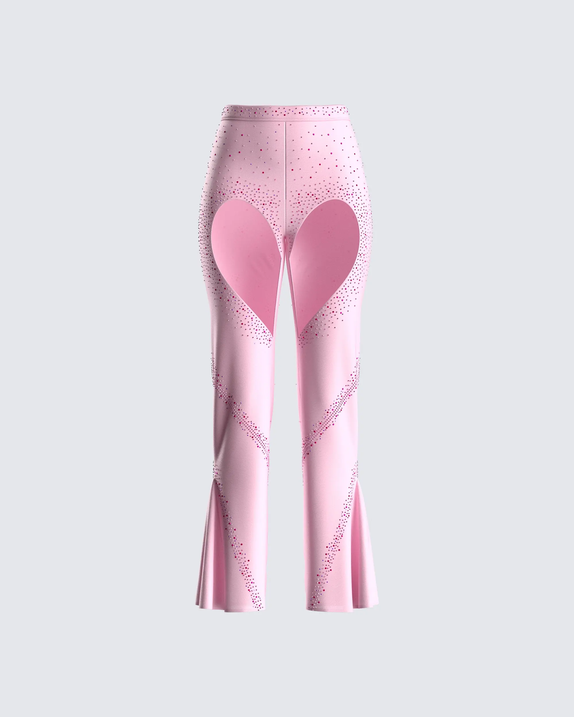 Women's High-Rise Bright Pink Bootcut Pants - Fitted Metallic Bottoms with Rhinestone Heart Swirls, 1-Piece Festival, Party Wear Statement Bottoms, Flared