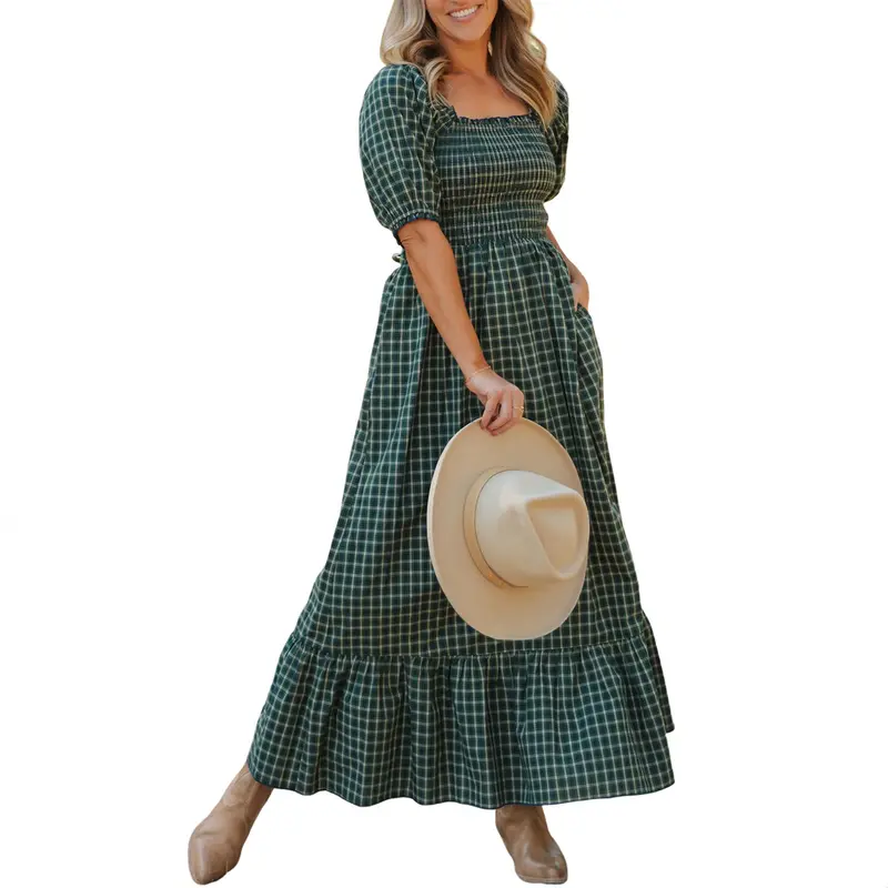 Asvivid Plaid Square Neck Shirred High Waist Ruffle Hem Dress for Women Long Dress With Pockets Puff Short Sleeve Elegant Dresses Casual Holiday Christmas Party Daily Dress Spring Fall Everyday Womenswear