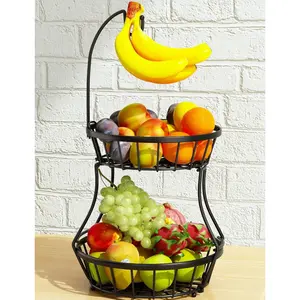 2-Tier Fruit Basket Bowl Stackable Vegetable Storage with Banana Tree Hanger Stand for Kitchen Countertop, Metal Wire Container Organiser Hangable Multicolor