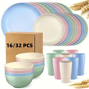 16/32-Piece Wheat Straw Dinnerware Set | Shatterproof & Durable Tableware Set | Modern Minimalist Nordic Colors | Includes Dinner Plates, Dessert Plates, Bowls & Cups | Lightweight, Reusable & Easy to Clean | Family Dining Kitchen Set