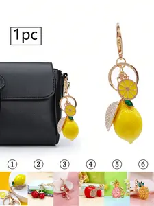 Cute Rhinestone Fruit Keychain, Women's Bag Charm, Metal Key Ring, Cartoon Gift, Crystal Pendant, Pineapple Lemon Apple Lychee Shape