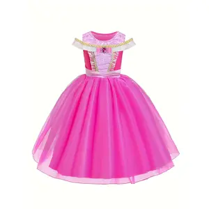 Girls' Pink Elegant Princess Dress with Crown and Jewelry Set - Sleeveless Tulle Party Costume Halloween, Christmas, Birthday - All-Season Playwear, Princess Dresses Girls, Halloween Costume, Decorative Bow Detail, Texture