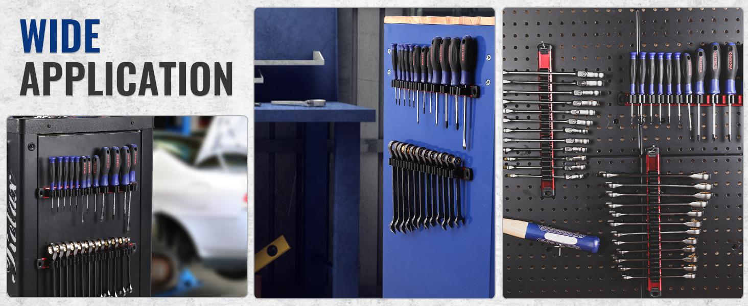 #BacktoSchool WORKPRO Magnetic Screwdriver and Wrench Organizer Set, 36-Slot Tool Holders | 3-Pack Aluminum Rails, Magnetic Force, Flexible High-Tension Tool Clips, For Tool Box Drawer & Wall-Mount Storage