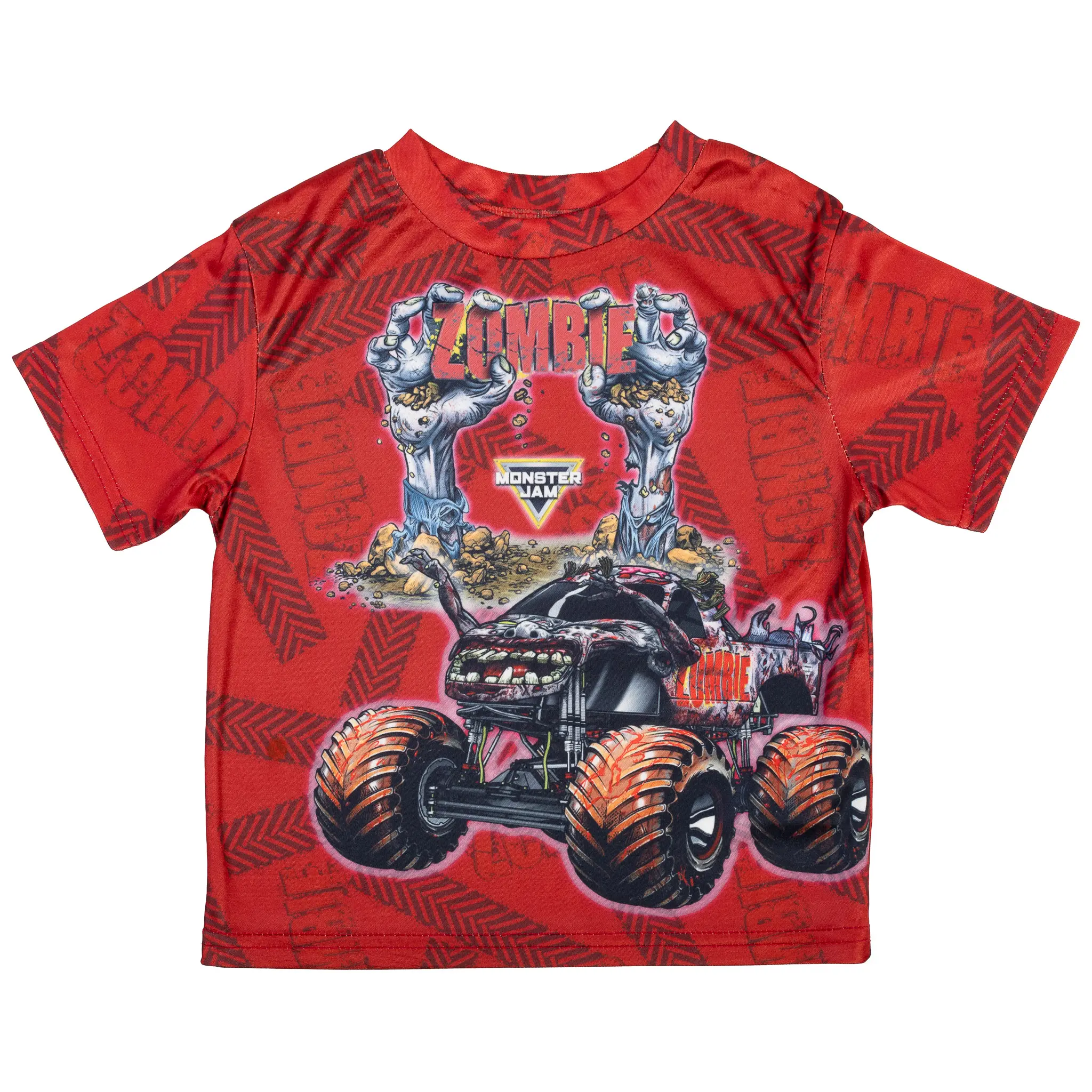 Monster Jam Boys' Polyester Athletic Crew Neck Short Sleeve Graphic Tee - Red, Durable Double-Needle Stitching, Ribbed Crew, Edge-To-Edge Ocean Wave Animal Print, Toddler to Big Kid Sizes (4T, 10-11Y), Polyester Clothes, Children's Playful Print Apparel