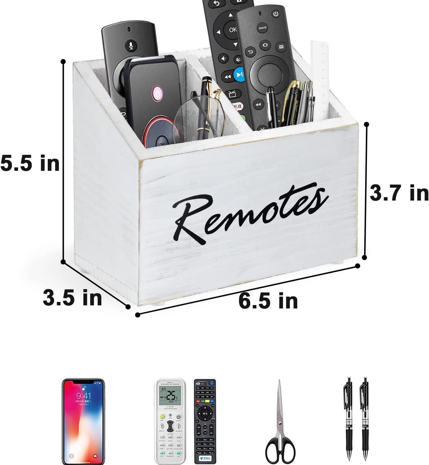 Remote Control Holder, Retro White TV Remote Holder, Remote Organizer Caddy for Table, Wooden Remote Box for Nightstand, Remote Caddy with 2 Slots storage