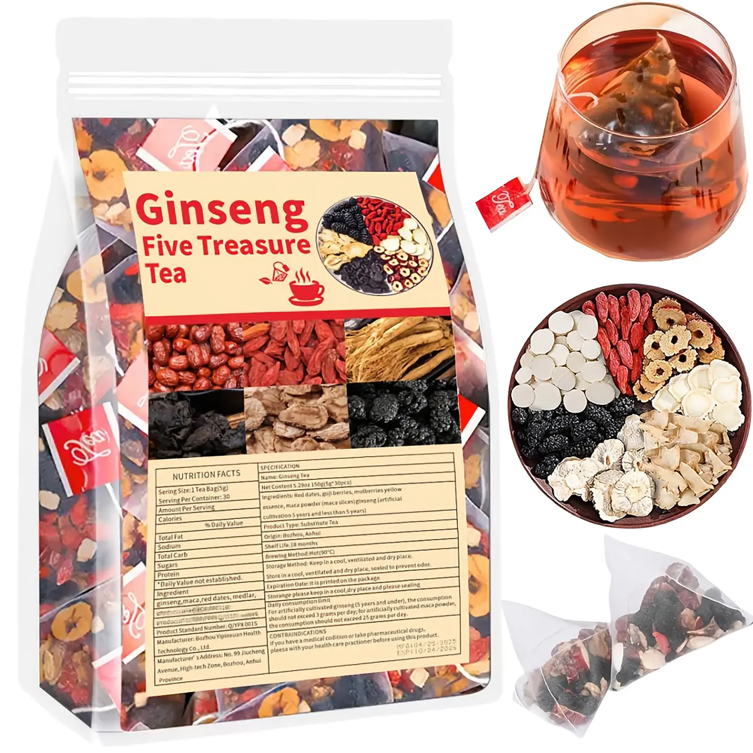Ginseng 5-Treasure Tea, Traditional Chinese Herbal Caffeine-Free Tea Bags for Adults, Supports Kidney Health, Urinary Tract, Bladder Cleansing, with Goji, Turmeric, Ideal Gift for Husband, Storable in Cupboard