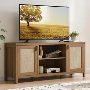 SICOTAS TV Stands for Living Room : Rattan TV Console Cabinet with Storage and Shelf, Boho Entertainment Center, 59" Media Console for 55, 65 Inch TV, 26" Tall Television Stands, Oak