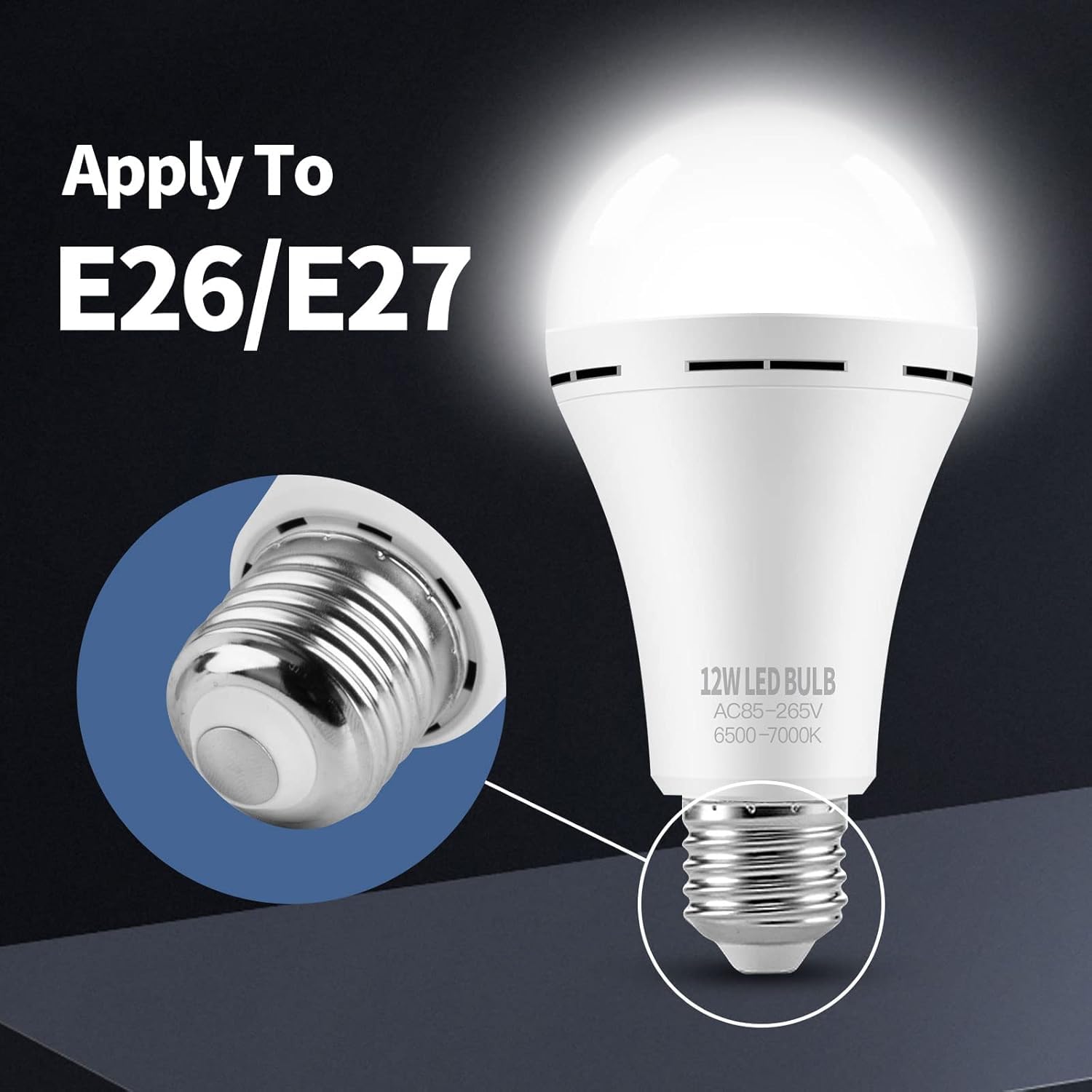 1/2/4 Pack E26/E27 Emergency-Rechargeable-Light-Bulb, Stay Lights Up When Power Failure, 12W 60W Equivalent LED Light Bulbs for Home, Camping, Tent (E27, with Hook) (Daylight)