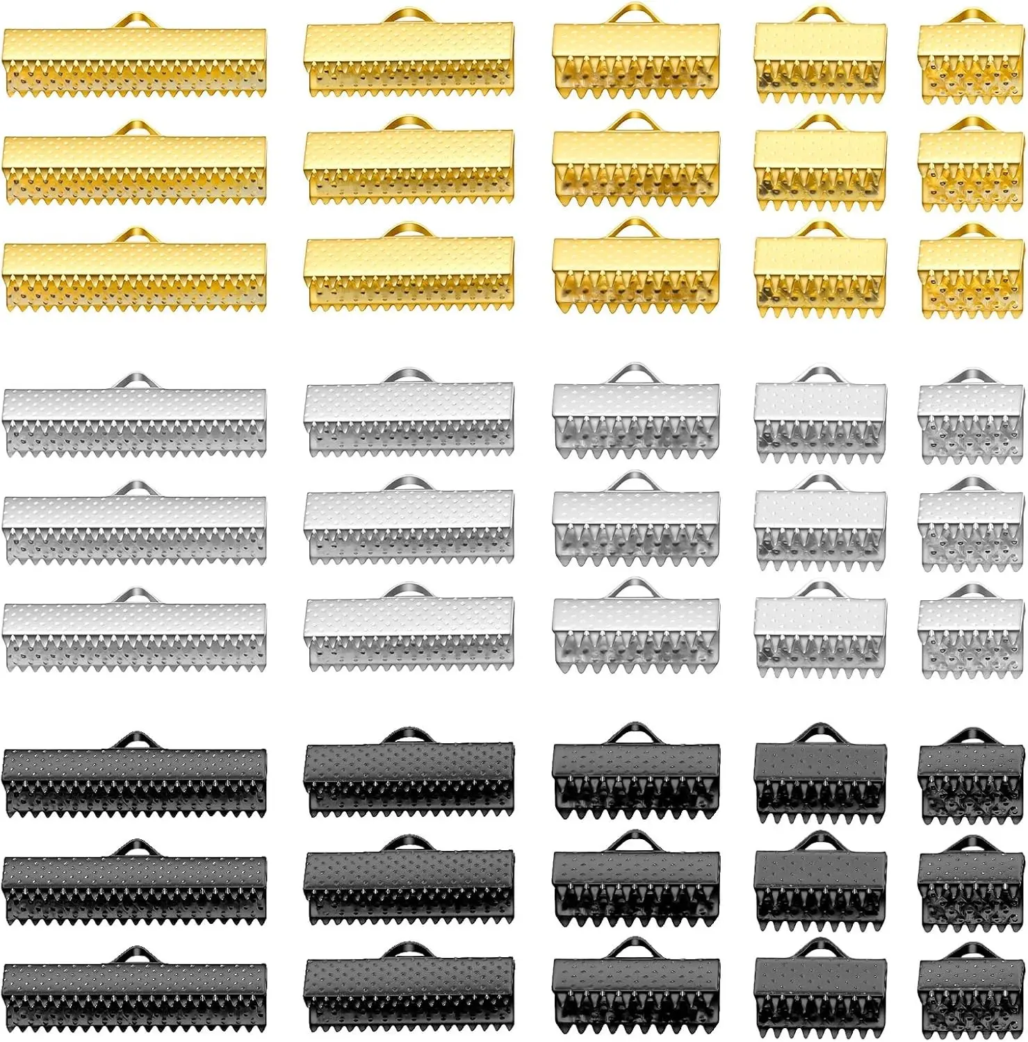 150 Pcs Ribbon Clamp End Iron Ribbon Ends with Clamps Clamp Cord Ends Pinch Crimp End Bookmark Leather Fastener Clasps for Necklace Bracelet Jewelry Making (5 Sizes, 3 Colors)