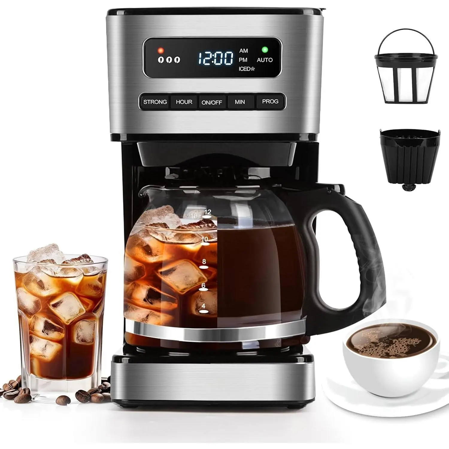 Programmable Coffee Makers 12 Cup, Hot and Iced Coffee Maker, 4 Brew Strength, LED Display, 24H Timer, Keep Warm&Auto Shutoff- Drip Coffee Machine for /Office, Black &Stainless Steel