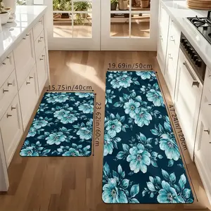 Vintage Blue Floral Kitchen Rug Set, Watercolor Flower Non-Slip Washable Floor Mats, Aesthetic Botanical Runner Rugs for Kitchen, Living Room & Home Decor