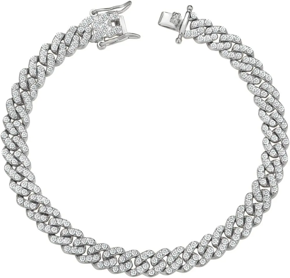 Cuban Link Anklet for Women, Plus Size Synthetic Link Chain with Rhinestones, Bling Look Fashion Jewelry, 9-10 Inches